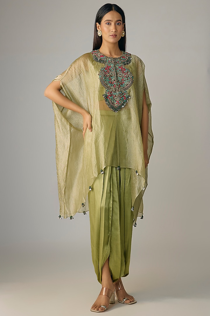 Sea Green Crushed Tissue Dori & Thread Work Kaftan Set by Prisho at Pernia's Pop Up Shop